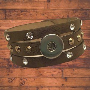 Brown Leather Bling Snap Button Bracelet